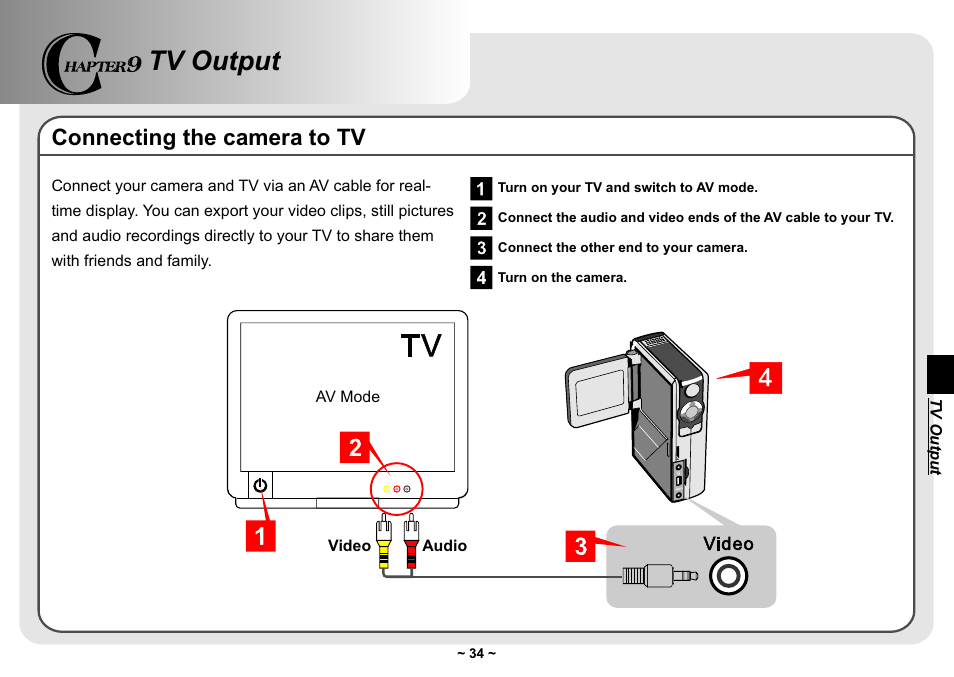 Tv output, Connecting the camera to tv | AIPTEK Pocket DV 3300 User Manual | Page 35 / 54