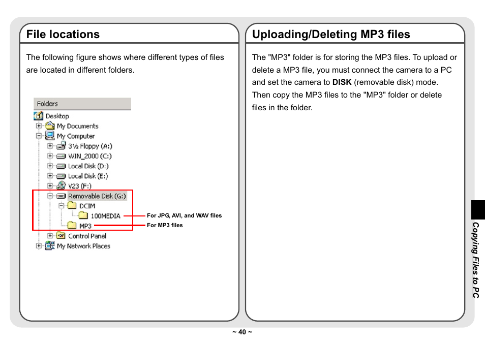 File locations, Uploading/deleting mp3 files | AIPTEK Pocket DV 3300 User Manual | Page 41 / 54