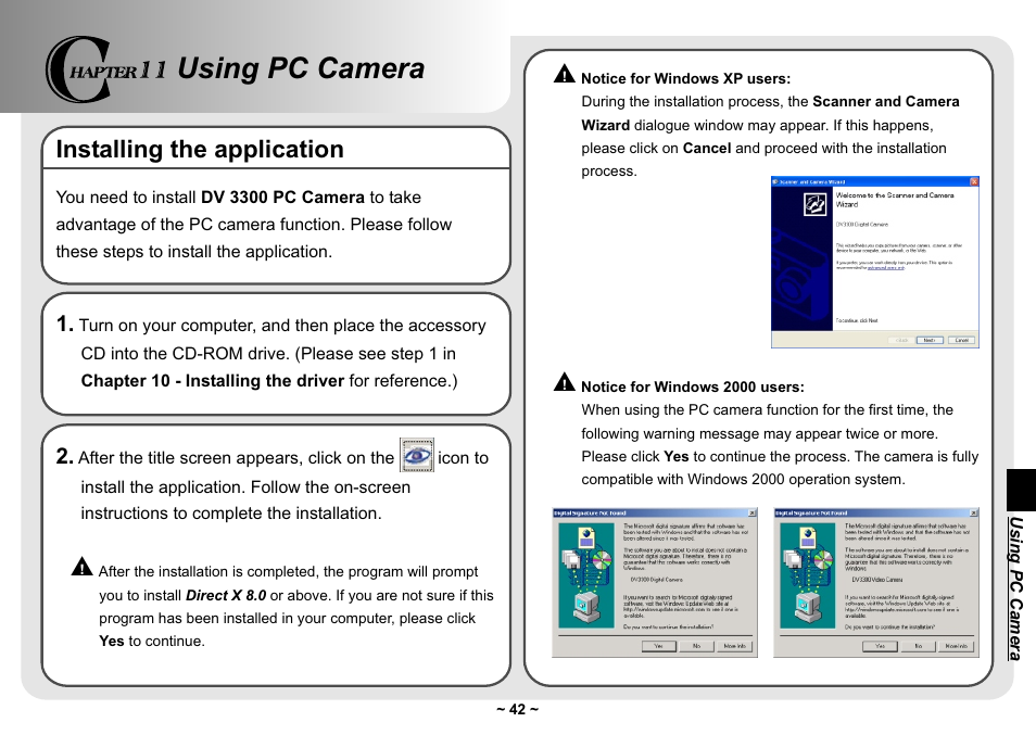 Using pc camera, Installing the application | AIPTEK Pocket DV 3300 User Manual | Page 43 / 54