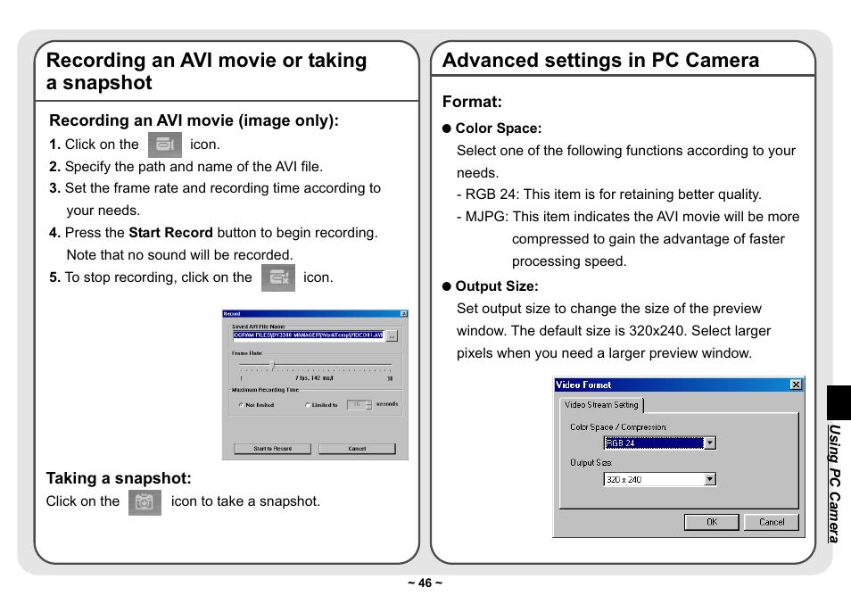 Recording an avi movie or taking a snapshot, Advanced settings in pc camera | AIPTEK Pocket DV 3300 User Manual | Page 47 / 54