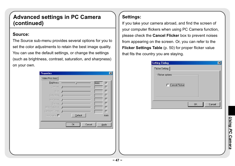 Advanced settings in pc camera (continued) | AIPTEK Pocket DV 3300 User Manual | Page 48 / 54