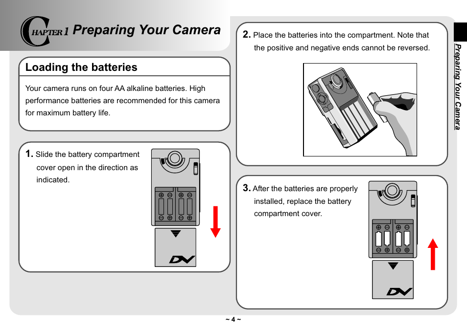 Preparing your camera, Loading the batteries | AIPTEK Pocket DV 3300 User Manual | Page 5 / 54