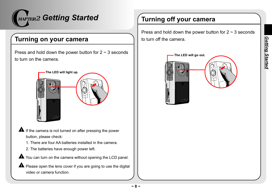 Getting started, Turning on your camera, Turning off your camera | AIPTEK Pocket DV 3300 User Manual | Page 9 / 54
