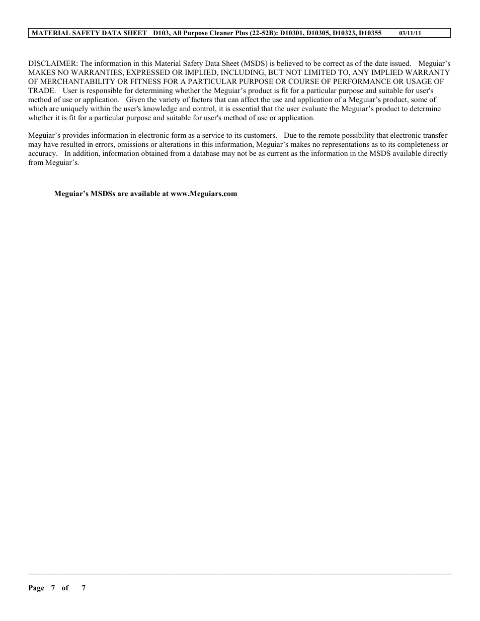 MEGUIAR'S D103 User Manual | Page 7 / 7