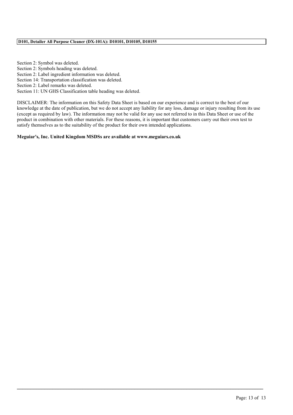 MEGUIAR'S D101 User Manual | Page 13 / 13
