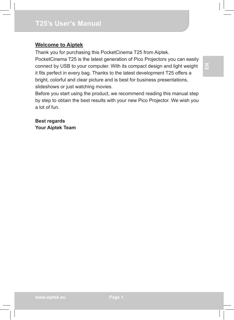 AIPTEK POCKETCINEMA T25 User Manual | 10 pages