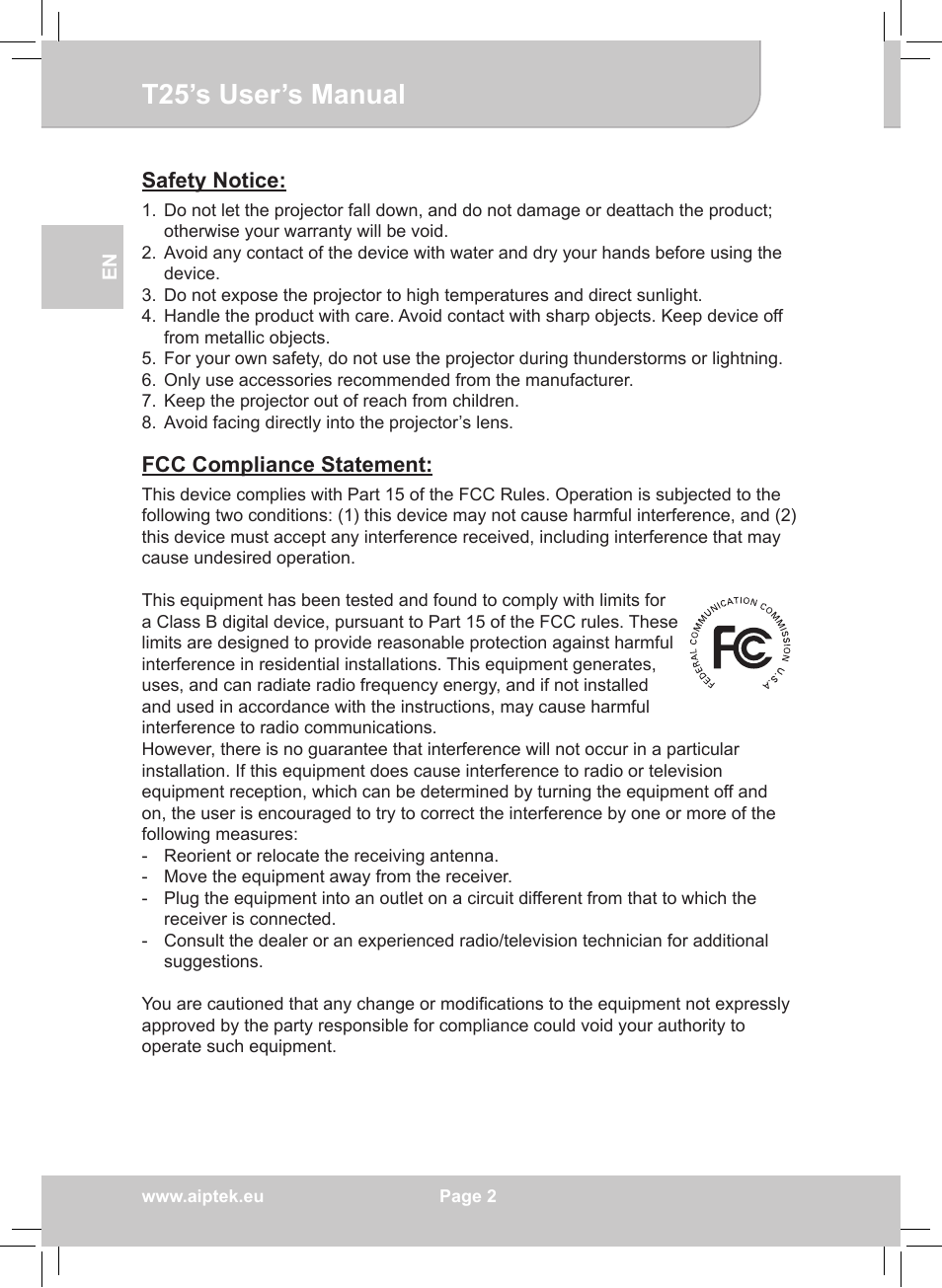 T25’s user’s manual | AIPTEK POCKETCINEMA T25 User Manual | Page 2 / 10