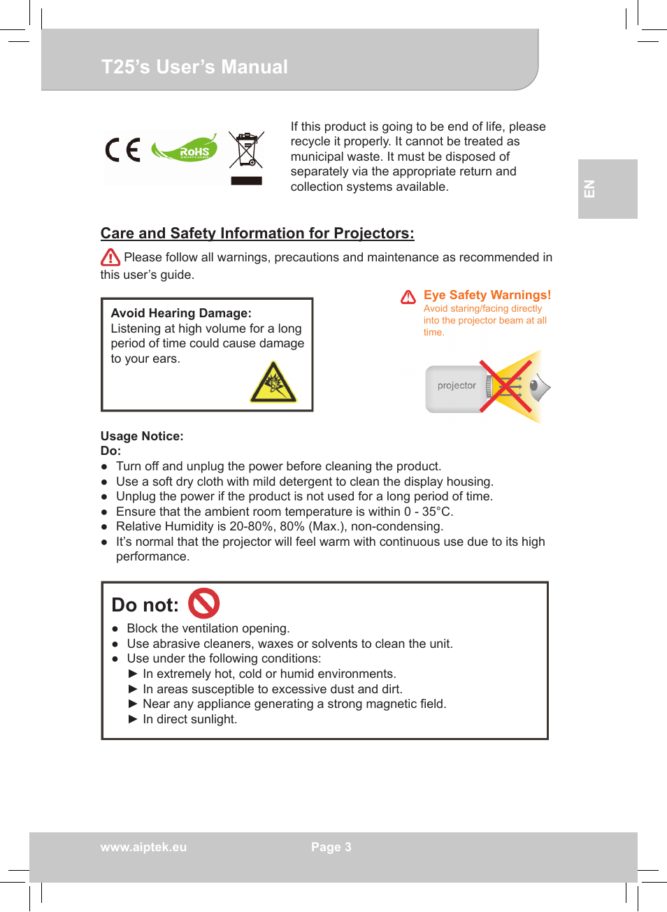 T25’s user’s manual, Do not | AIPTEK POCKETCINEMA T25 User Manual | Page 3 / 10