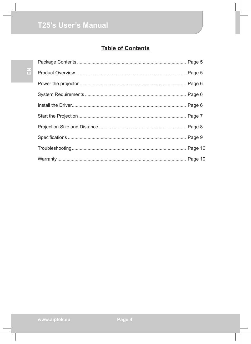 T25’s user’s manual | AIPTEK POCKETCINEMA T25 User Manual | Page 4 / 10
