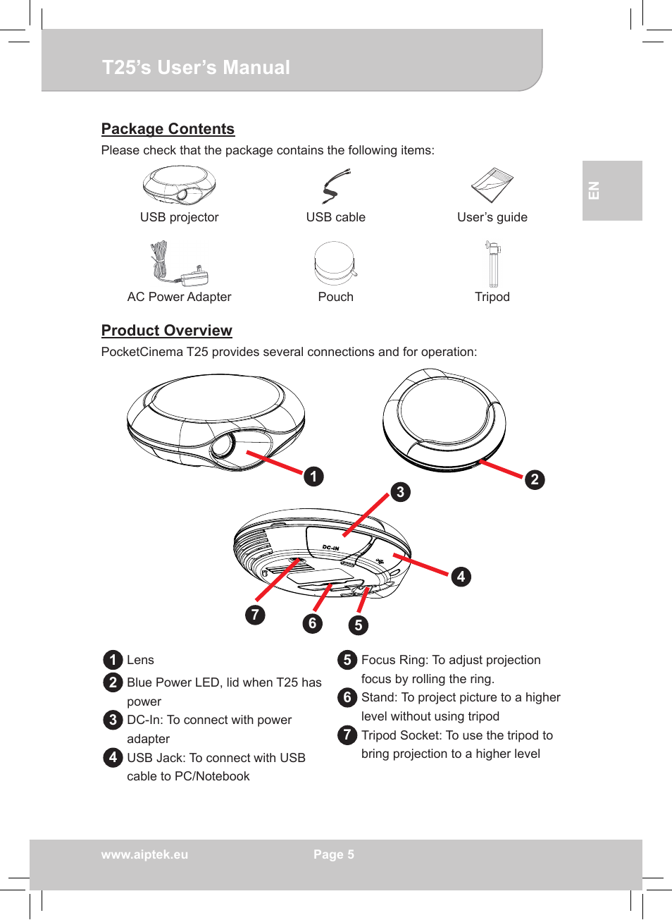 T25’s user’s manual | AIPTEK POCKETCINEMA T25 User Manual | Page 5 / 10