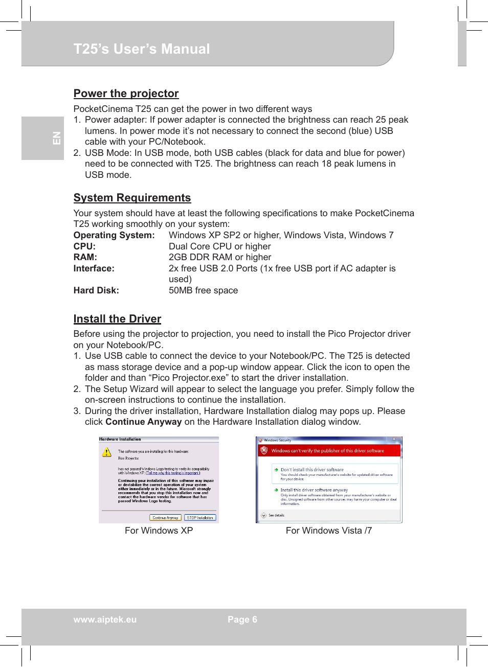T25’s user’s manual | AIPTEK POCKETCINEMA T25 User Manual | Page 6 / 10