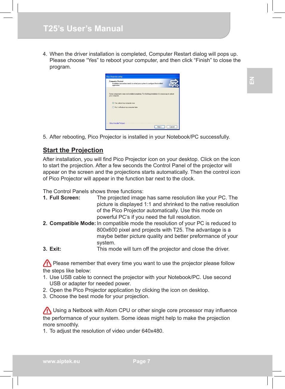 T25’s user’s manual | AIPTEK POCKETCINEMA T25 User Manual | Page 7 / 10
