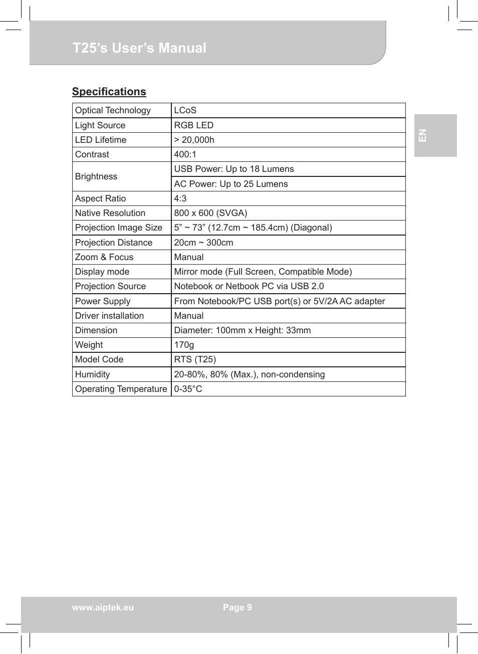 T25’s user’s manual, Specifications | AIPTEK POCKETCINEMA T25 User Manual | Page 9 / 10