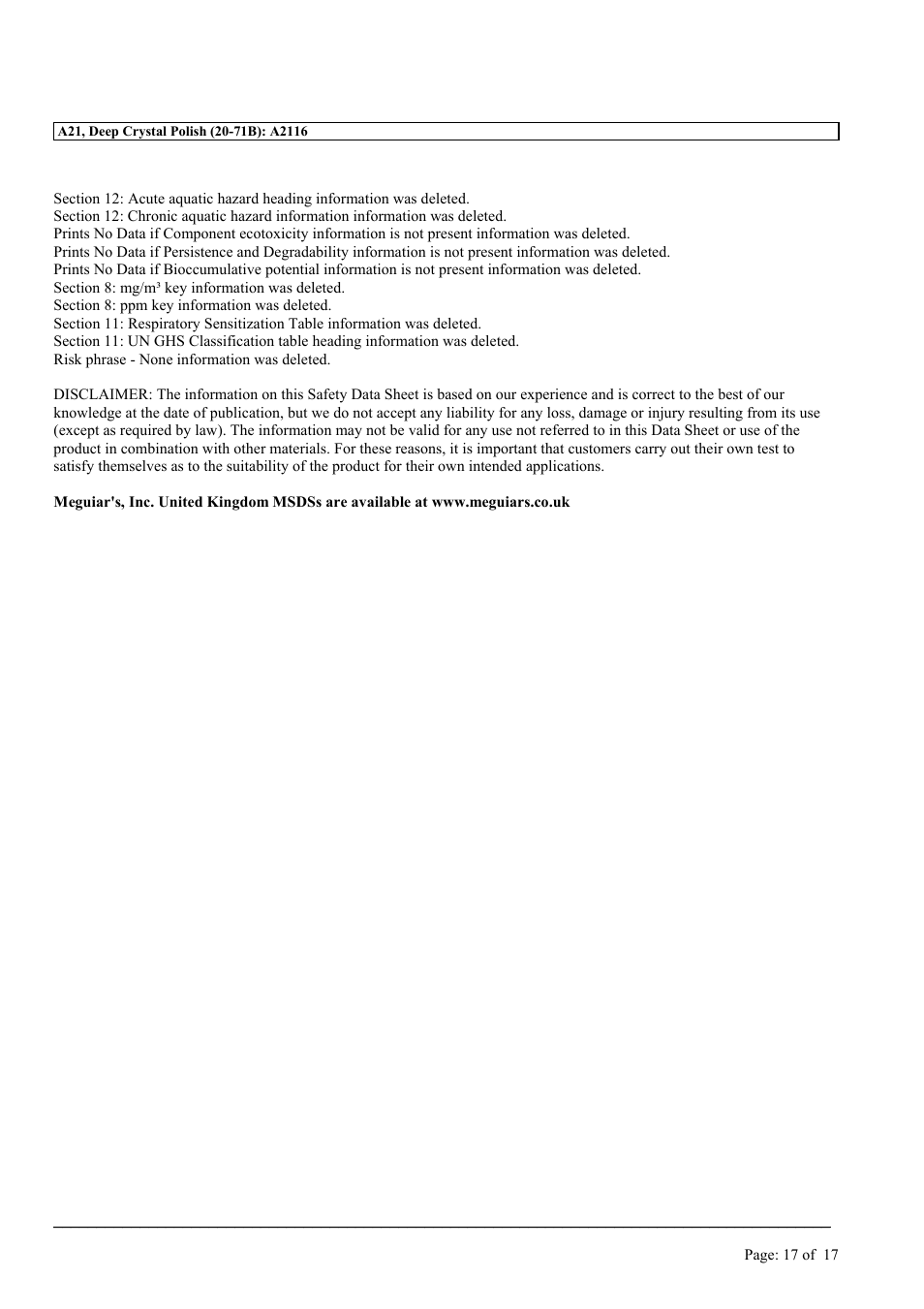 MEGUIAR'S A21 User Manual | Page 17 / 17