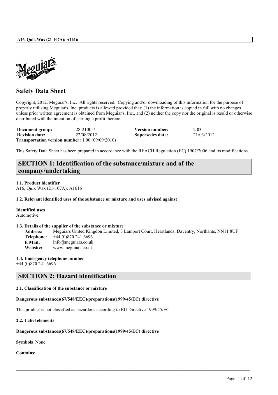 MEGUIAR'S A16 User Manual | 12 pages