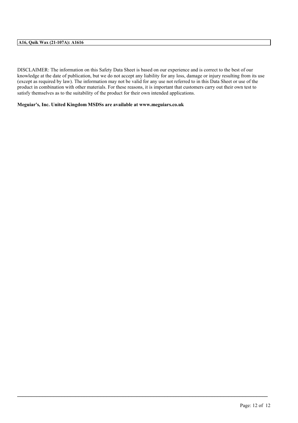 MEGUIAR'S A16 User Manual | Page 12 / 12