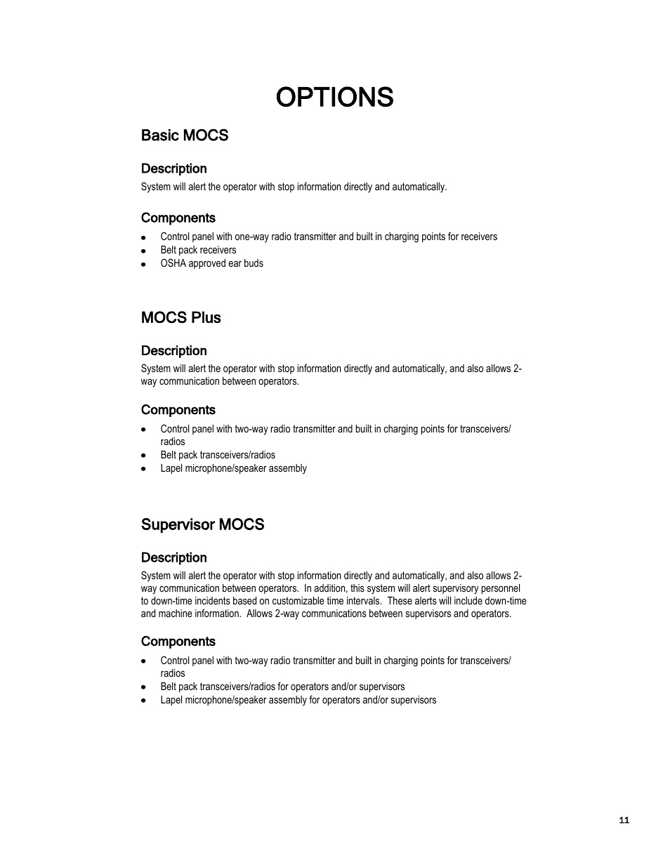 Options | Essex Machine to Operator User Manual | Page 12 / 13