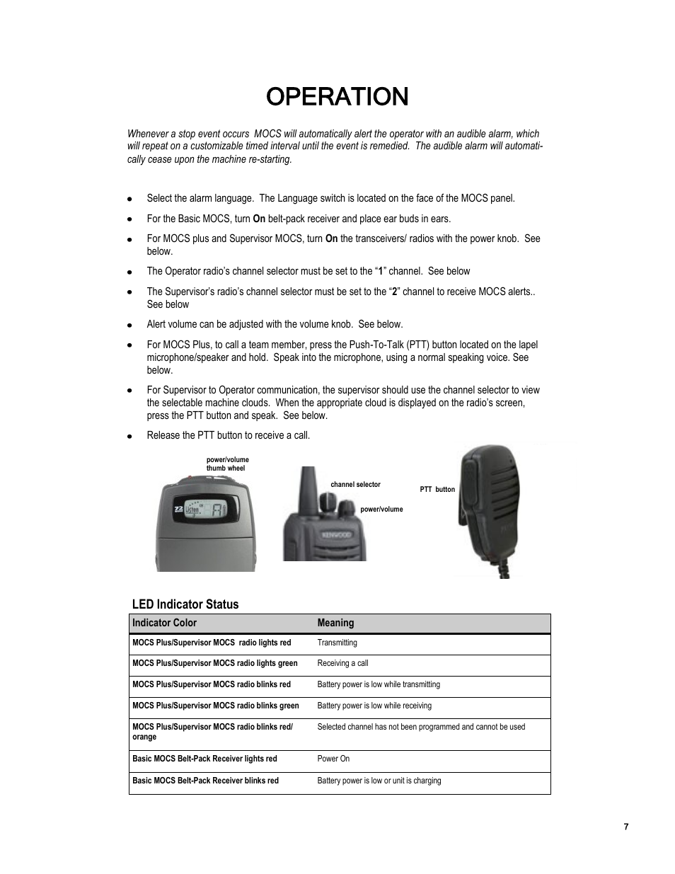 Operation, Led indicator status | Essex Machine to Operator User Manual | Page 8 / 13