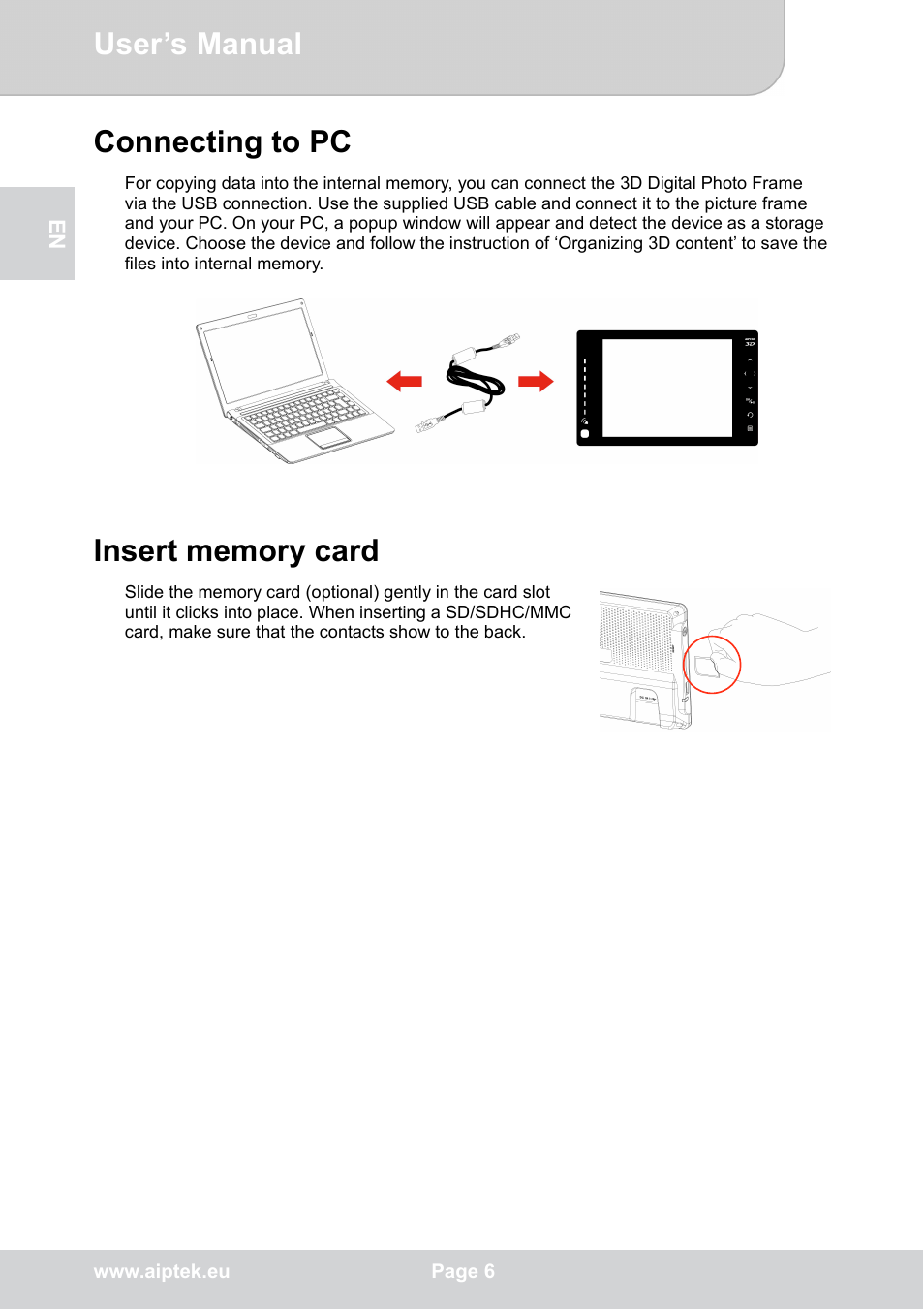 Connecting to pc, Insert memory card, User’s manual | AIPTEK P8 User Manual | Page 10 / 20