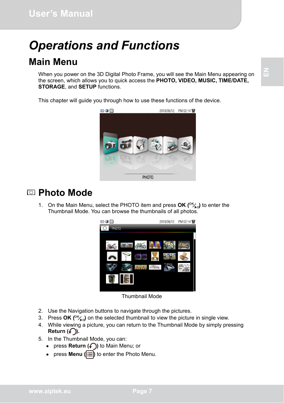Operations and functions, Main menu, Photo mode | User’s manual | AIPTEK P8 User Manual | Page 11 / 20