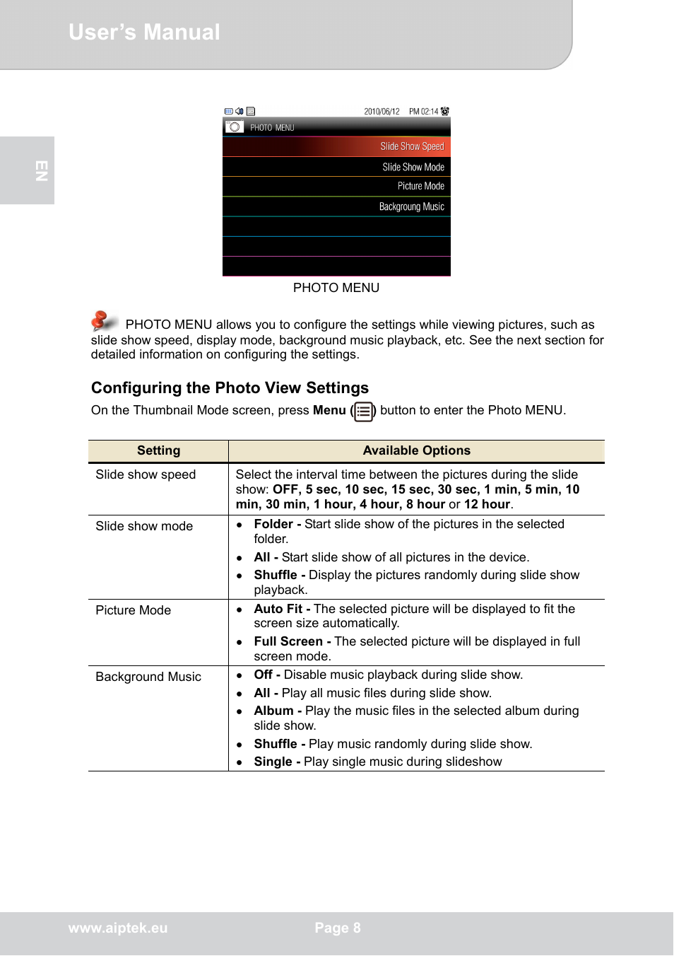 Configuring the photo view settings, User’s manual | AIPTEK P8 User Manual | Page 12 / 20