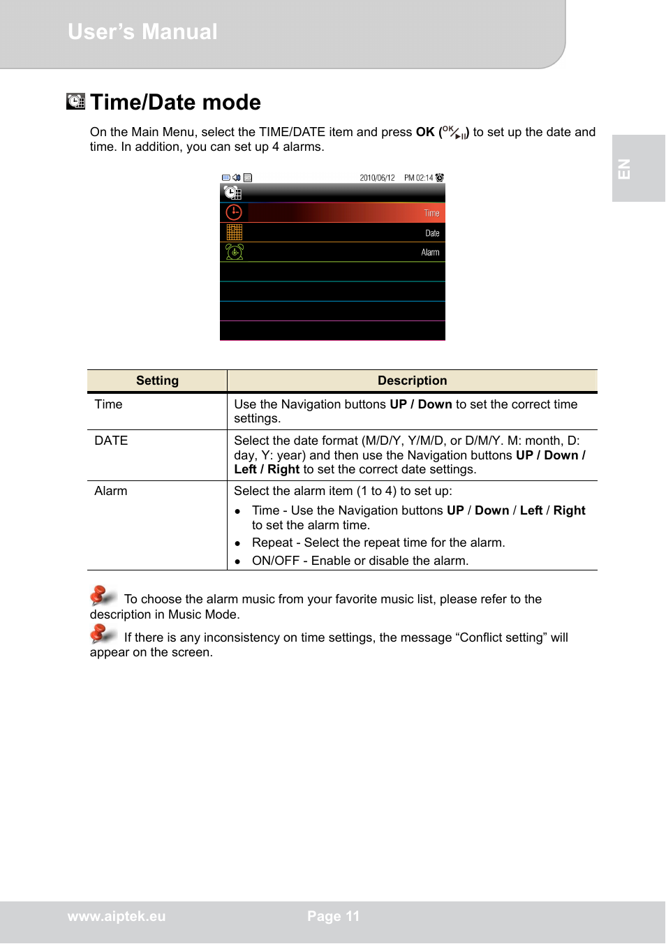 Time/date mode, User’s manual | AIPTEK P8 User Manual | Page 15 / 20