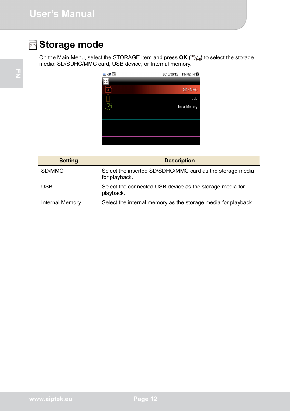 Storage mode, User’s manual | AIPTEK P8 User Manual | Page 16 / 20