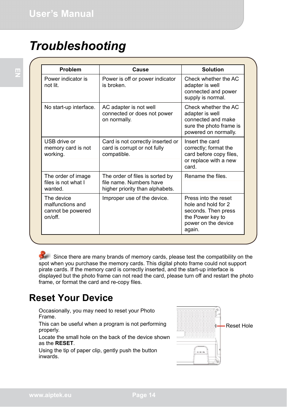 Troubleshooting, Reset your device, User’s manual | AIPTEK P8 User Manual | Page 18 / 20