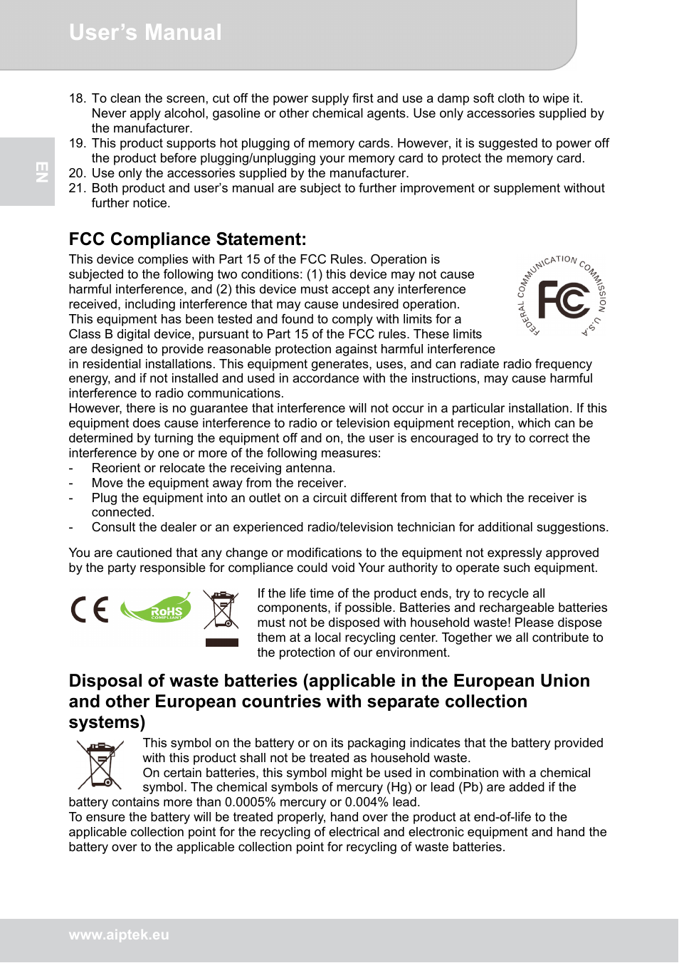 User’s manual, Fcc compliance statement | AIPTEK P8 User Manual | Page 2 / 20