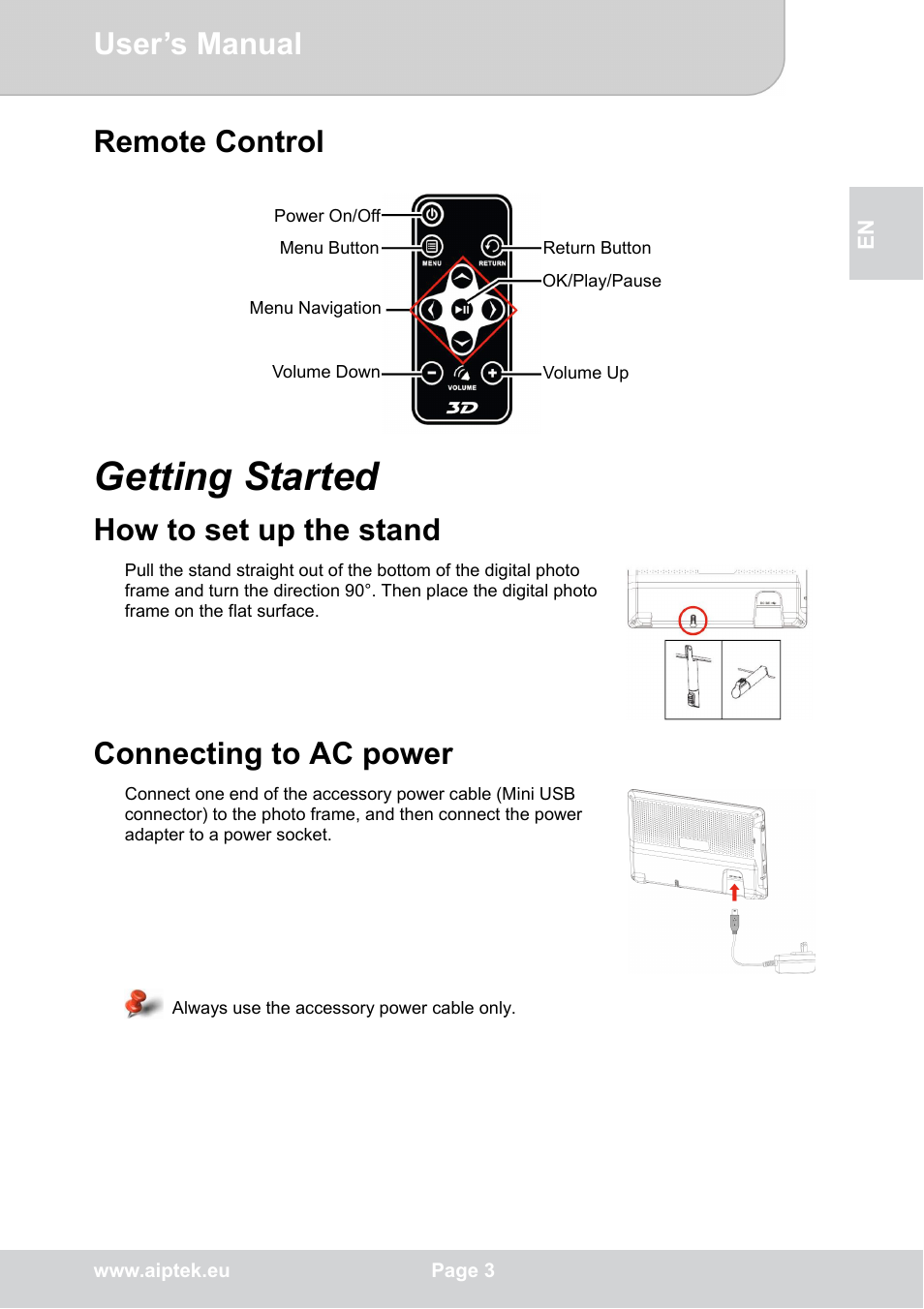 Remote control, Getting started, How to set up the stand | Connecting to ac power, User’s manual | AIPTEK P8 User Manual | Page 7 / 20