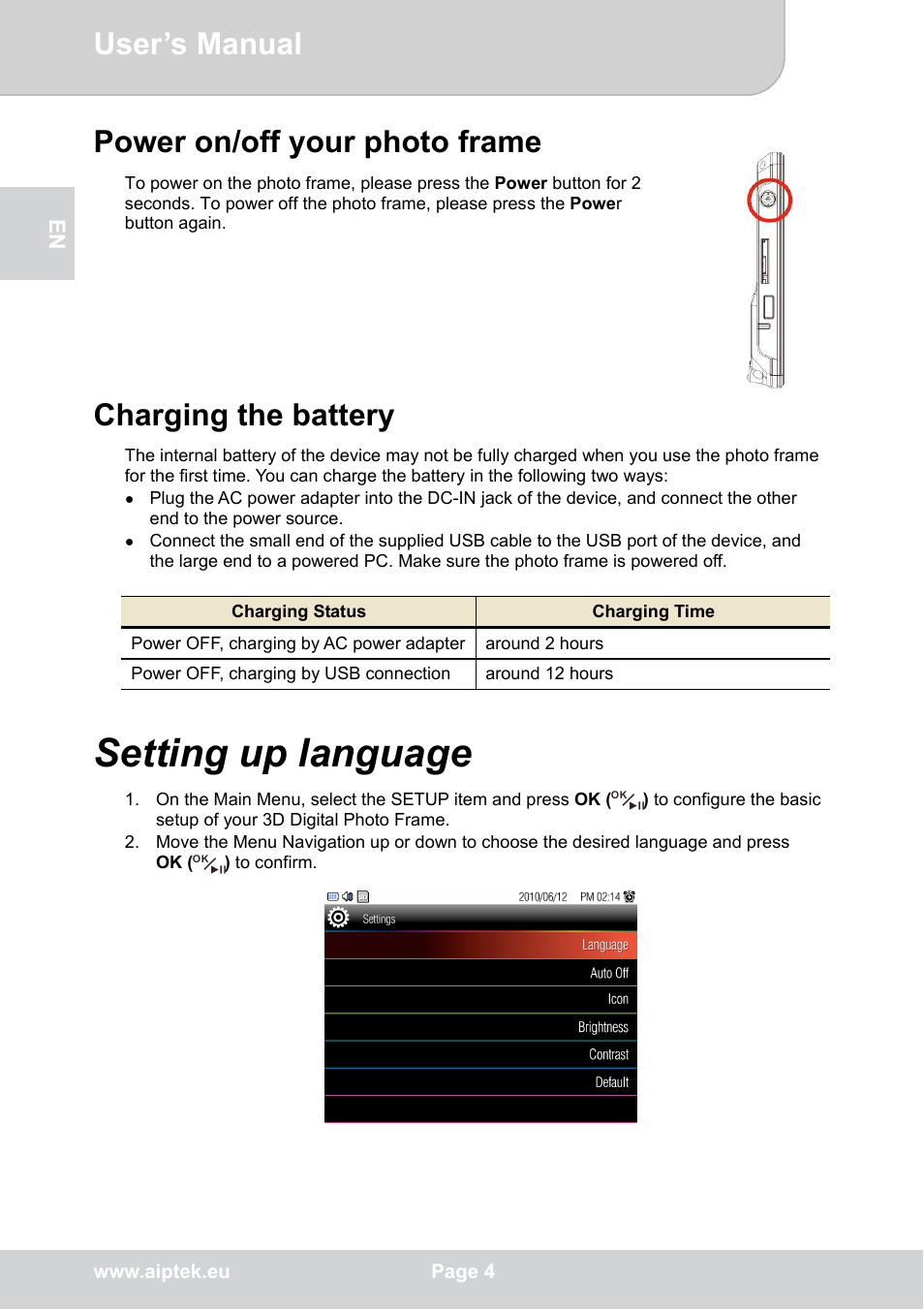 Power on/off your photo frame, Charging the battery, Setting up language | User’s manual | AIPTEK P8 User Manual | Page 8 / 20