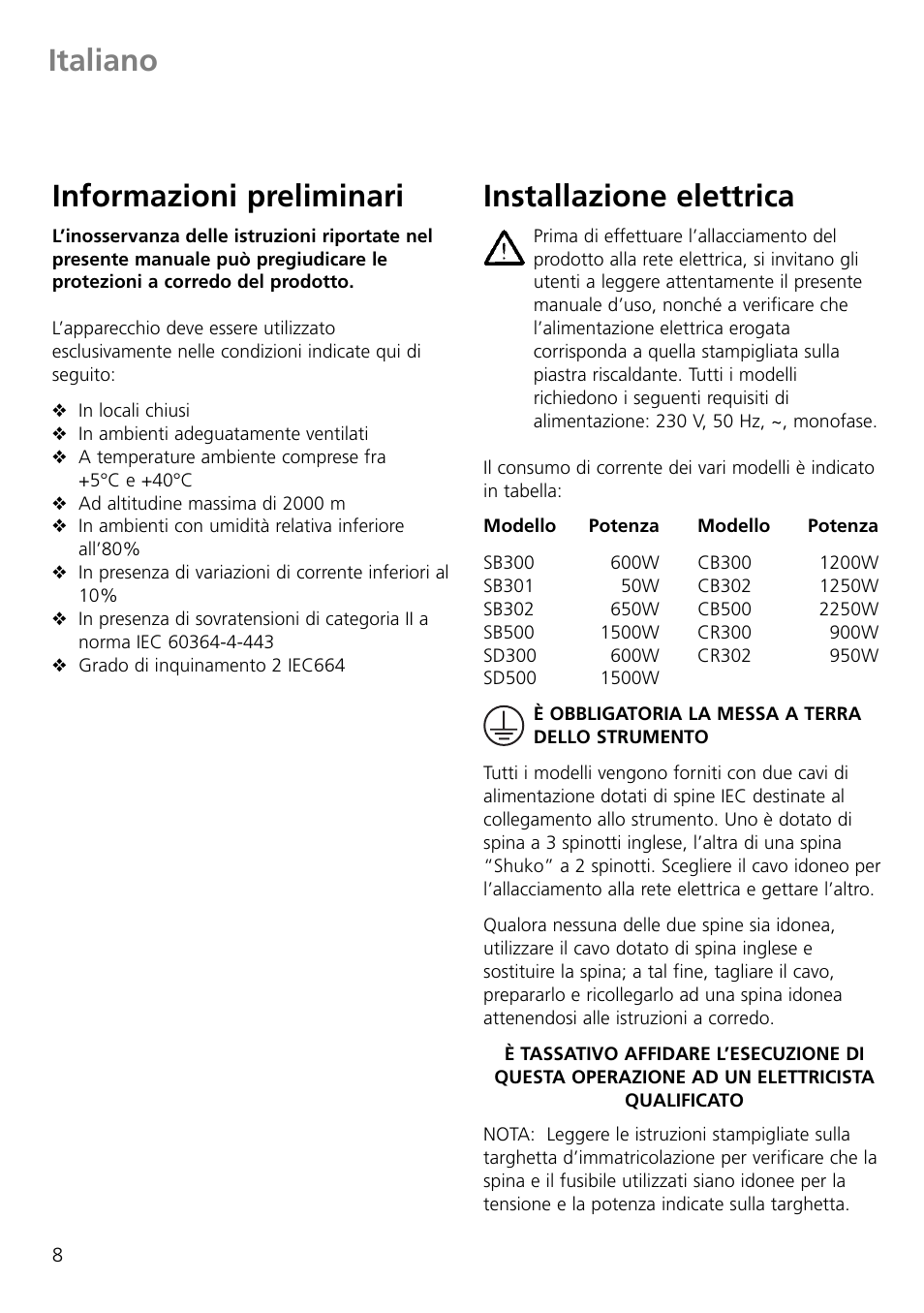 Italiano informazioni preliminari, Installazione elettrica | Dynalab CB300/120V/60 User Manual | Page 10 / 24