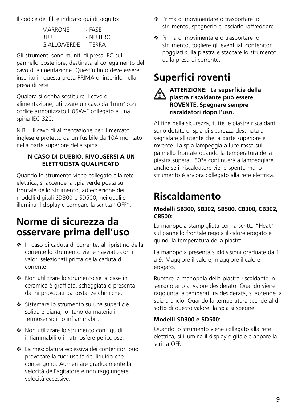 Superfici roventi, Riscaldamento, Norme di sicurezza da osservare prima dell’uso | Dynalab CB300/120V/60 User Manual | Page 11 / 24