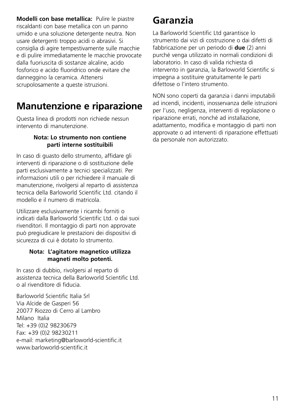 Manutenzione e riparazione, Garanzia | Dynalab CB300/120V/60 User Manual | Page 13 / 24