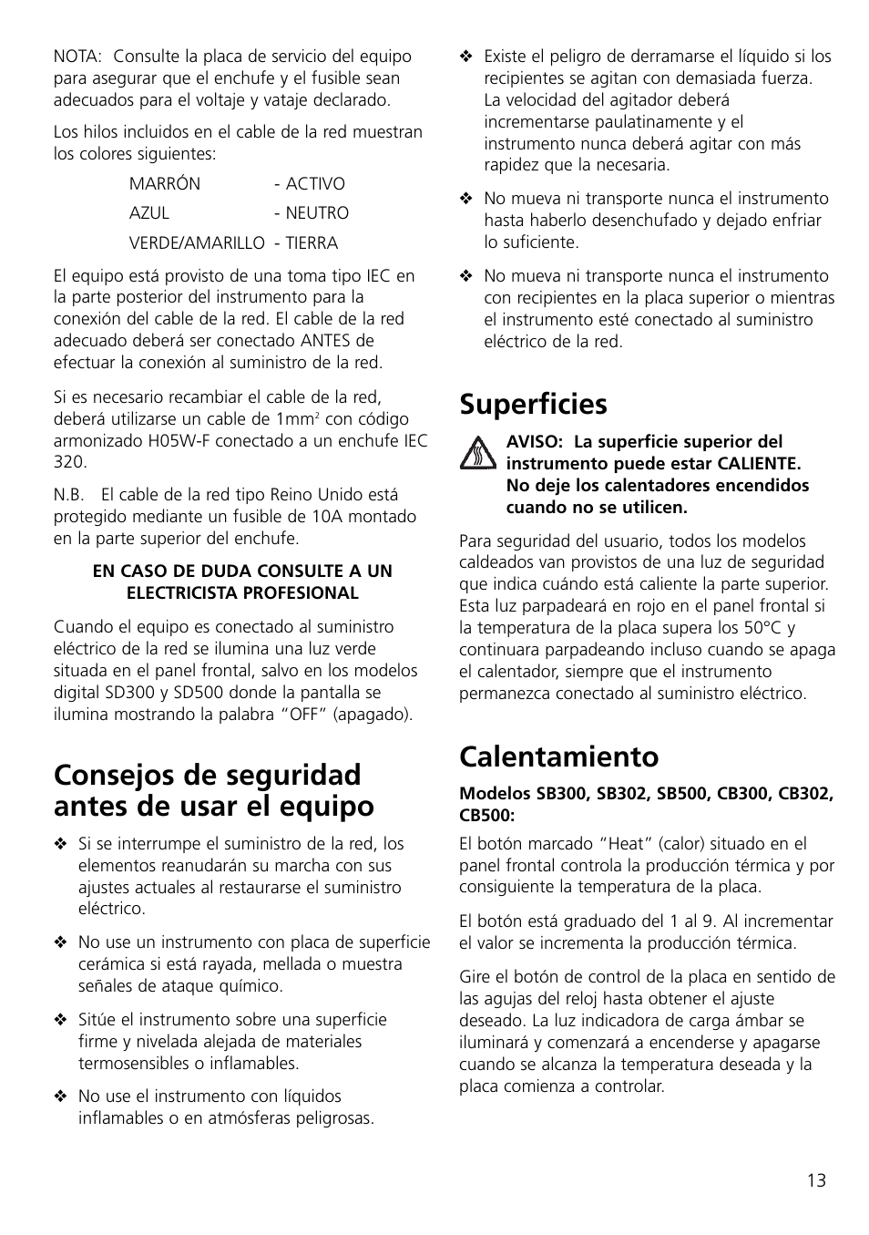 Consejos de seguridad antes de usar el equipo, Superficies, Calentamiento | Dynalab CB300/120V/60 User Manual | Page 15 / 24