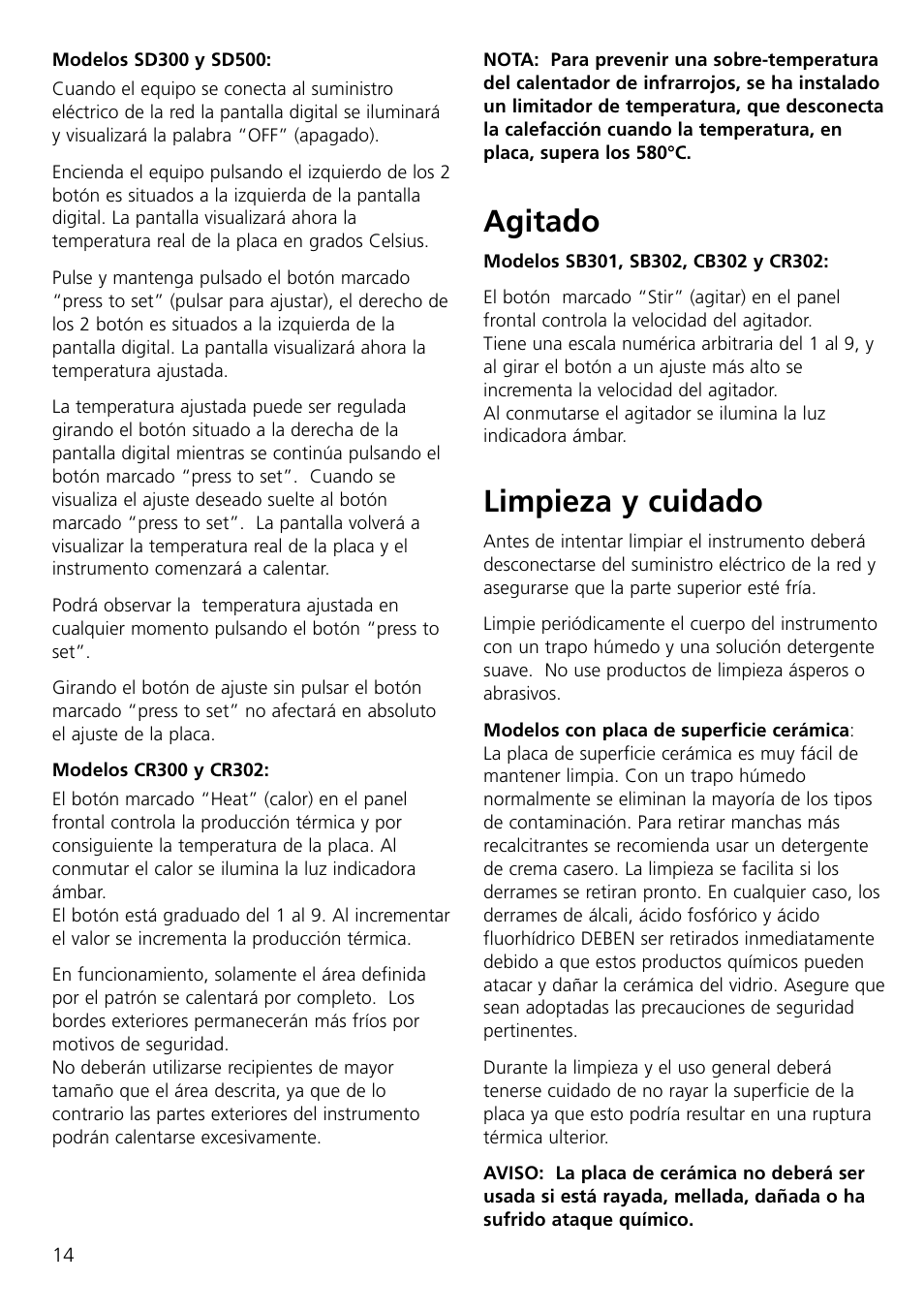 Agitado, Limpieza y cuidado | Dynalab CB300/120V/60 User Manual | Page 16 / 24