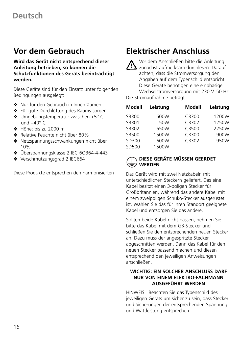 Deutsch vor dem gebrauch, Elektrischer anschluss | Dynalab CB300/120V/60 User Manual | Page 18 / 24