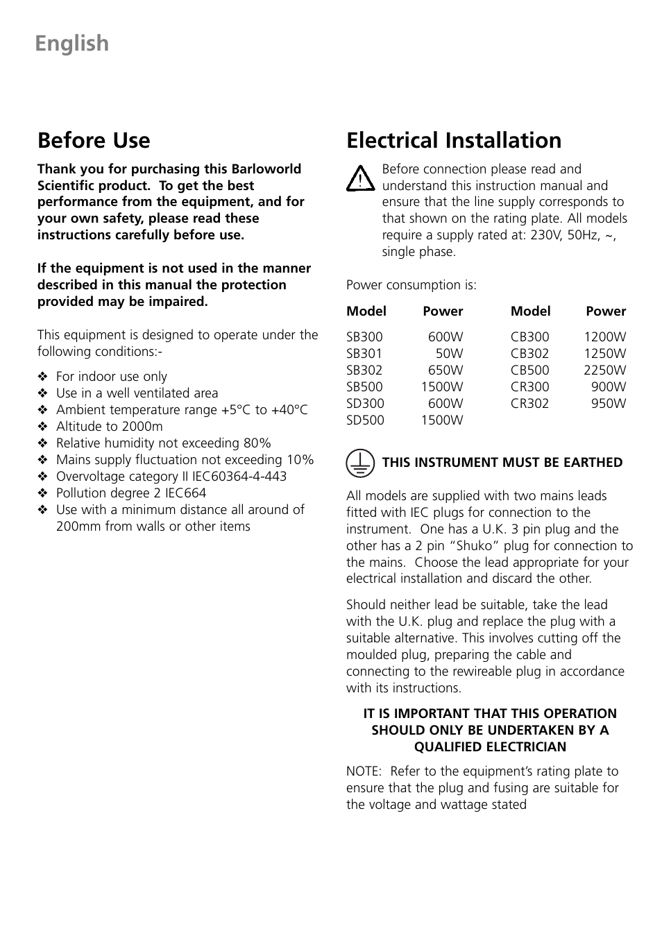 English before use, Electrical installation | Dynalab CB300/120V/60 User Manual | Page 2 / 24