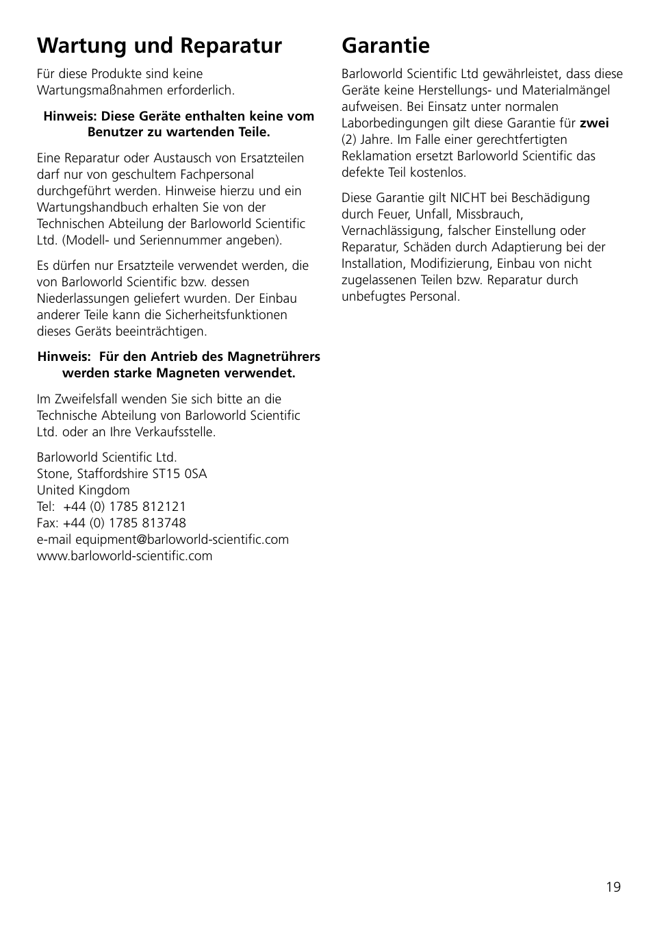Wartung und reparatur, Garantie | Dynalab CB300/120V/60 User Manual | Page 21 / 24