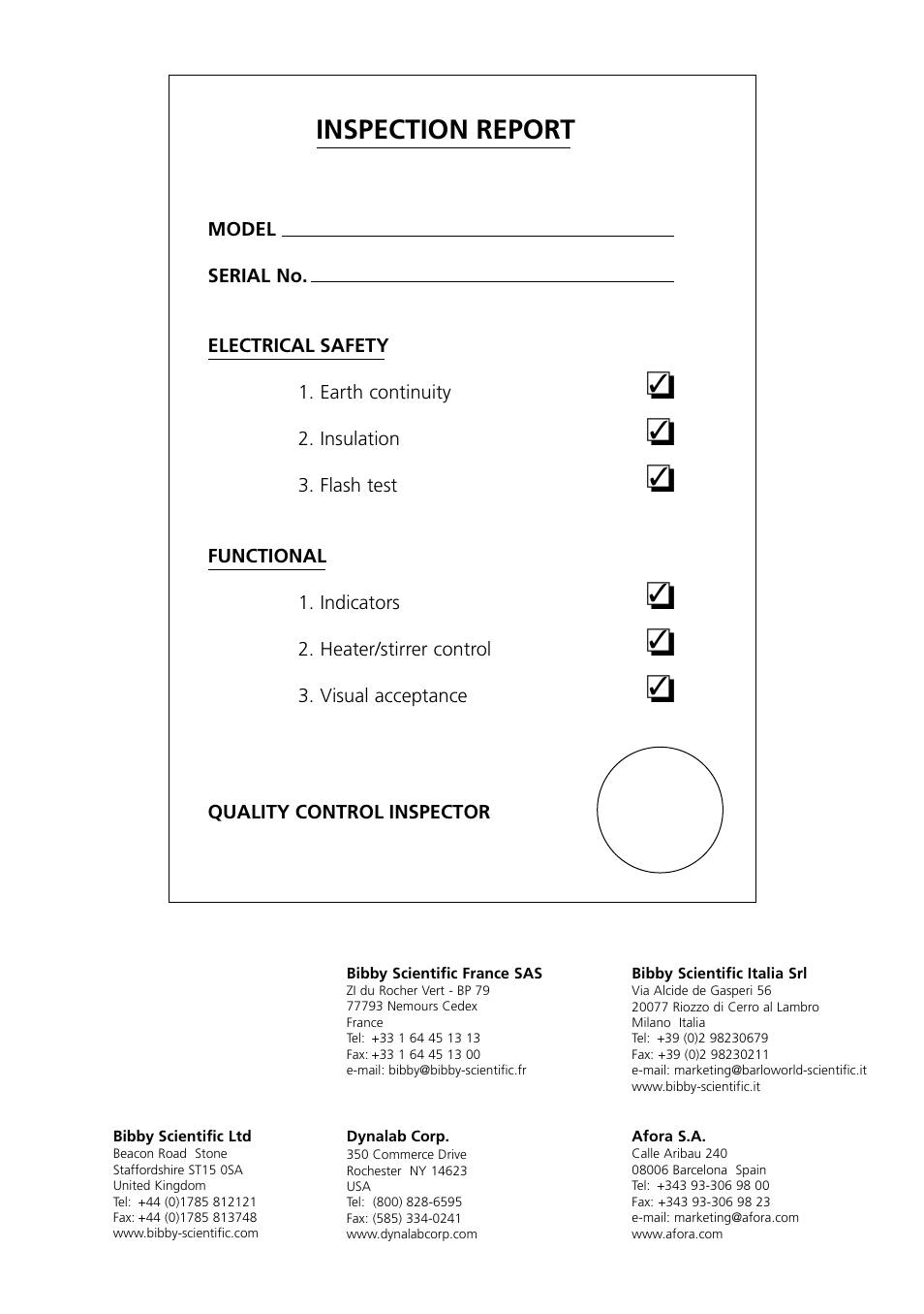 Inspection report | Dynalab CB300/120V/60 User Manual | Page 24 / 24