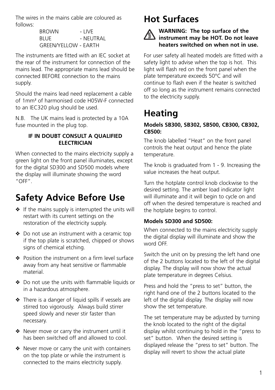 Safety advice before use, Hot surfaces, Heating | Dynalab CB300/120V/60 User Manual | Page 3 / 24