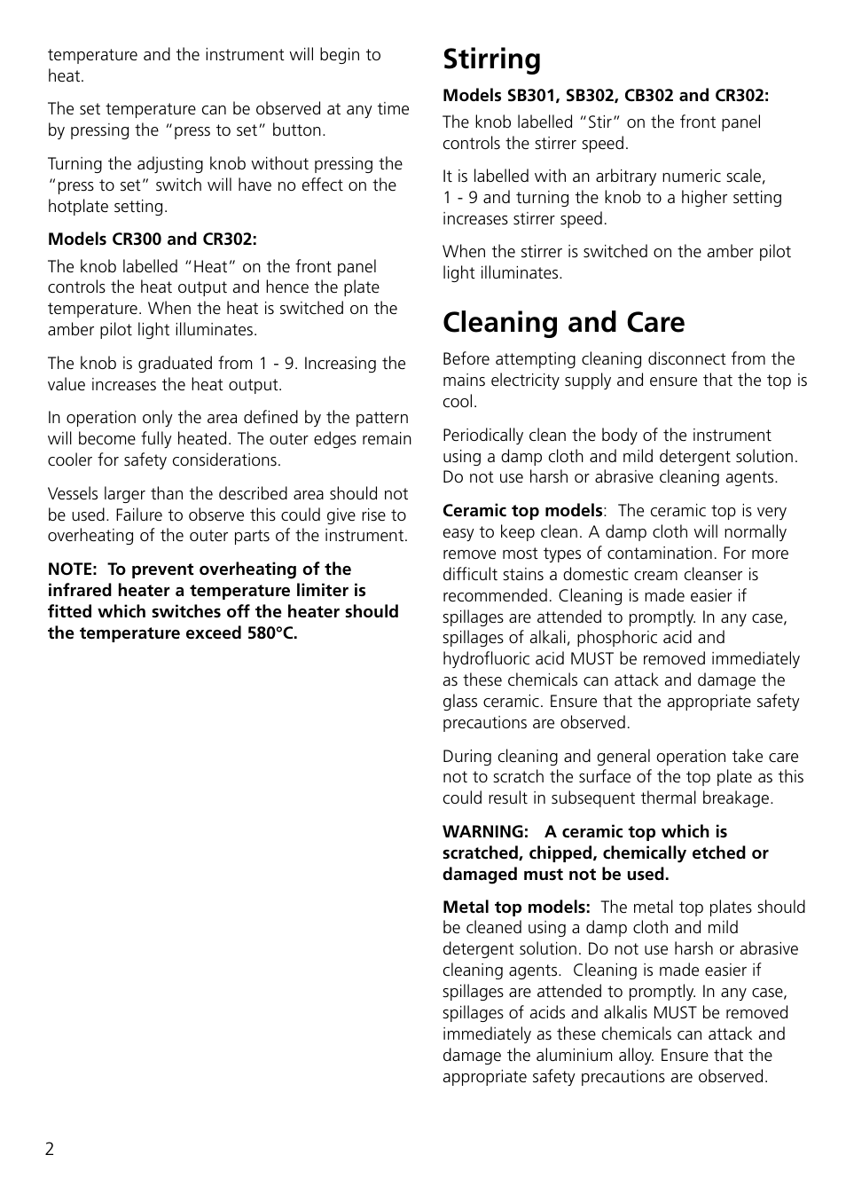 Stirring, Cleaning and care | Dynalab CB300/120V/60 User Manual | Page 4 / 24