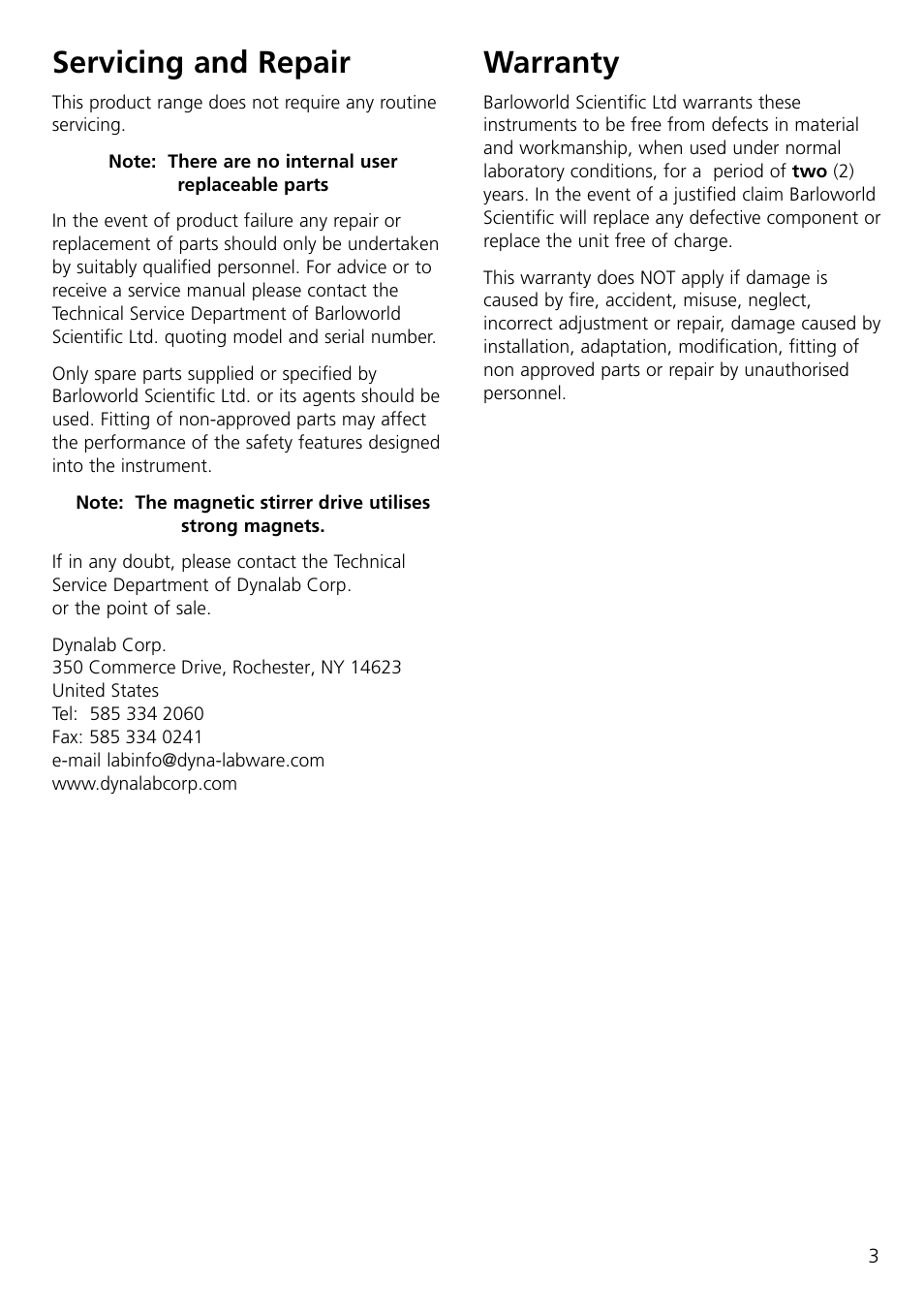 Servicing and repair, Warranty | Dynalab CB300/120V/60 User Manual | Page 5 / 24