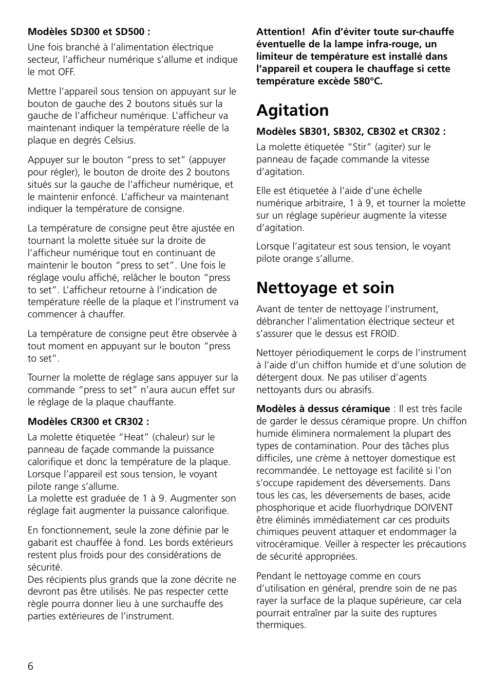 Agitation, Nettoyage et soin | Dynalab CB300/120V/60 User Manual | Page 8 / 24