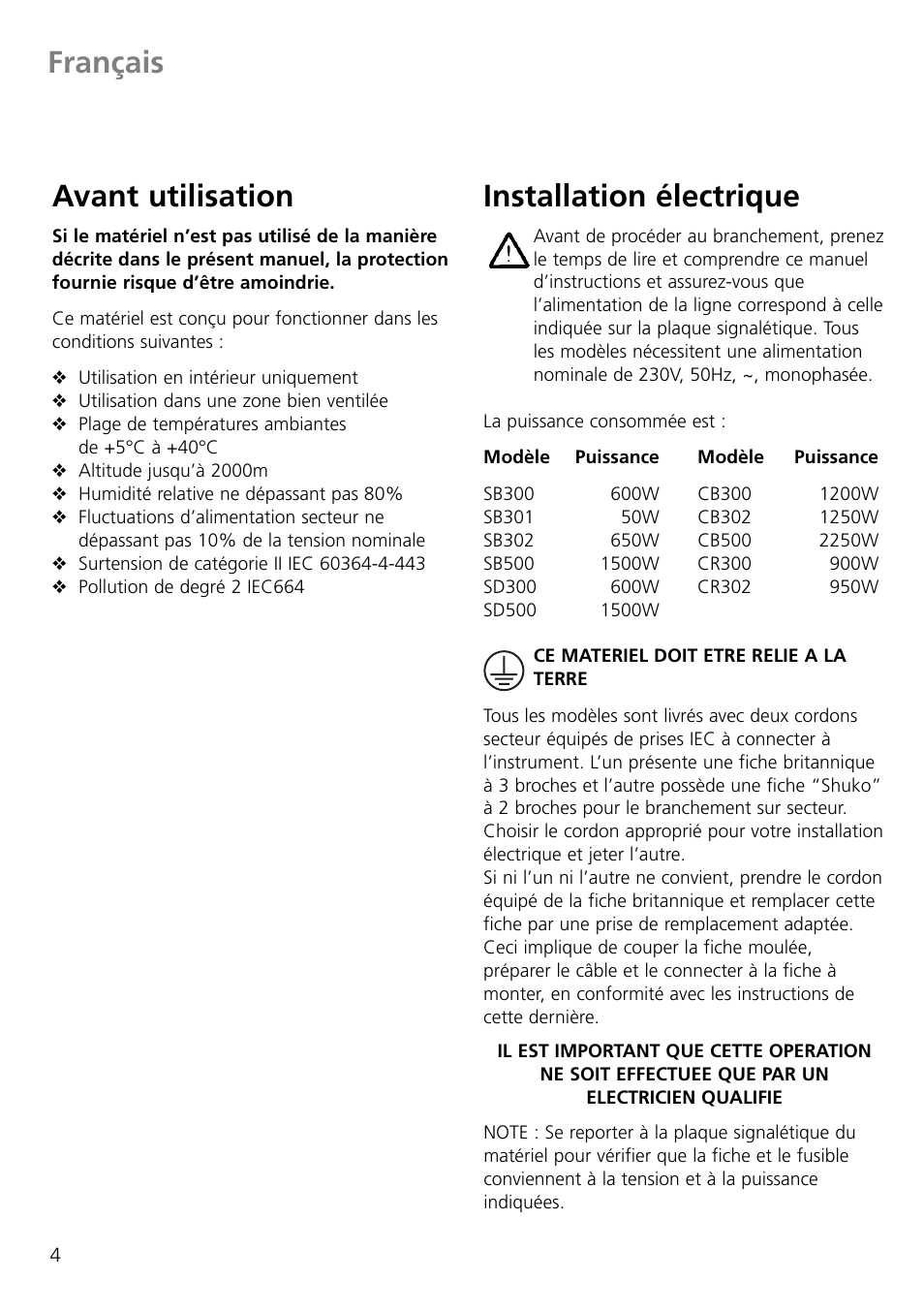 Français avant utilisation, Installation électrique | Dynalab SB500/230V/50 User Manual | Page 6 / 24