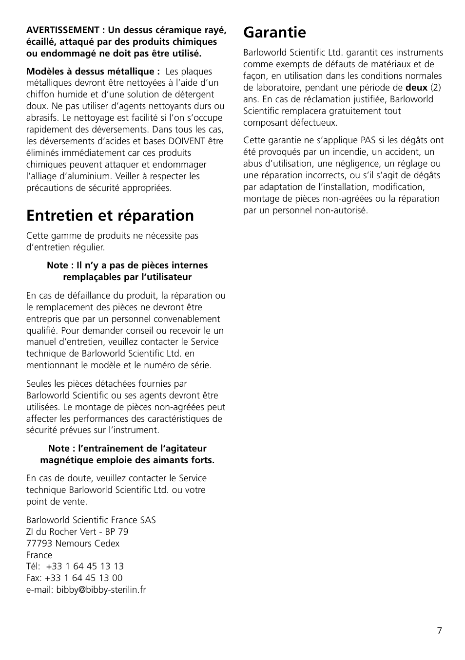 Entretien et réparation, Garantie | Dynalab SB500/230V/50 User Manual | Page 9 / 24