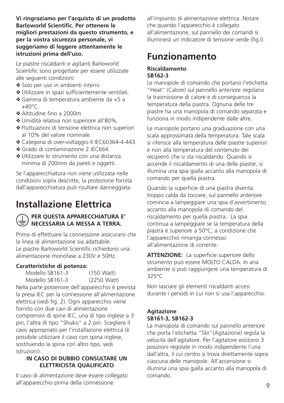 Installazione elettrica, Funzionamento | Dynalab SB162-3 User Manual | Page 11 / 24