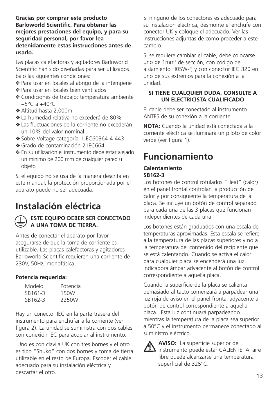 Instalación eléctrica, Funcionamiento | Dynalab SB162-3 User Manual | Page 15 / 24