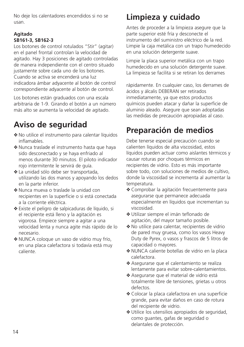 Aviso de seguridad, Limpieza y cuidado, Preparación de medios | Dynalab SB162-3 User Manual | Page 16 / 24
