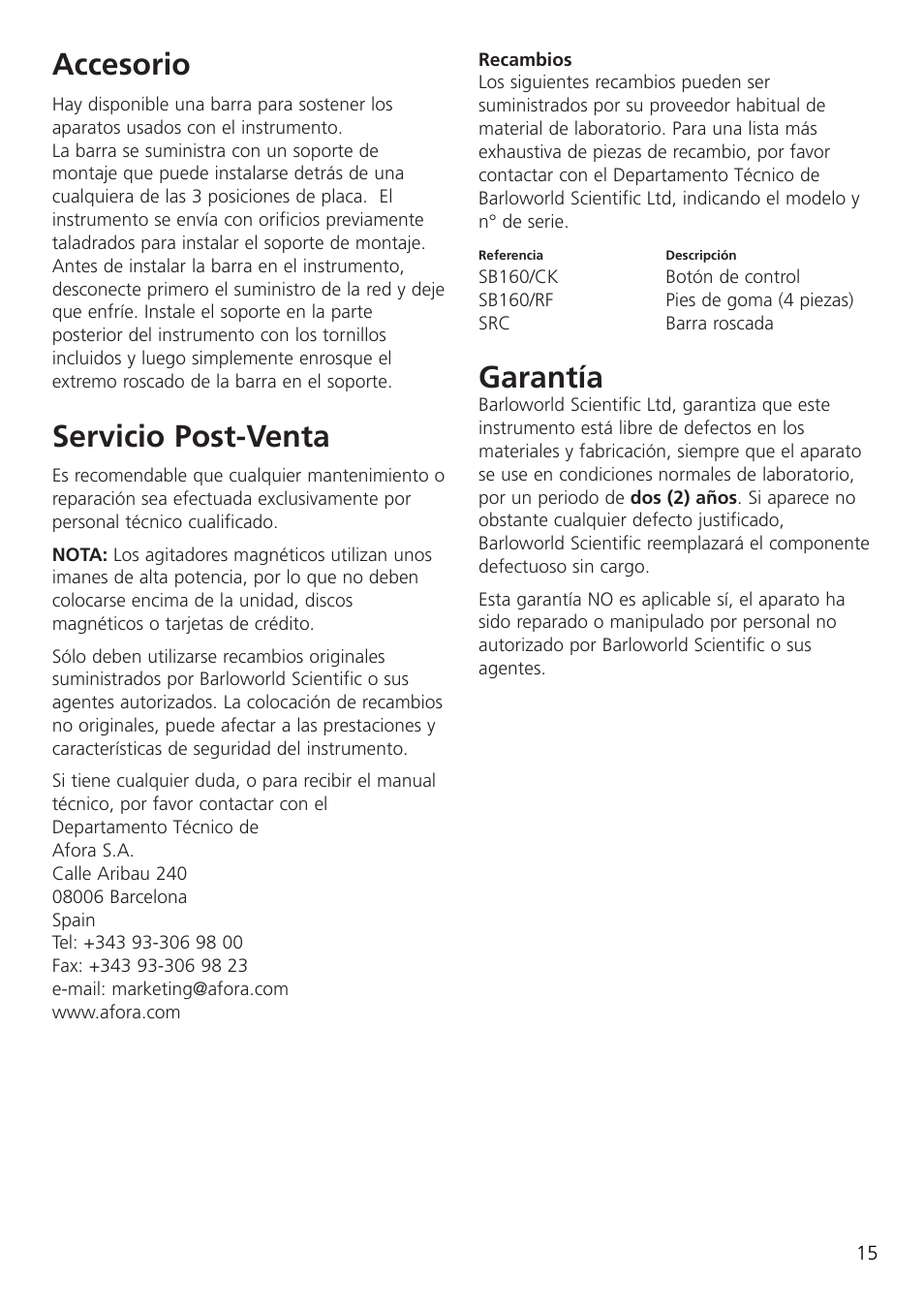 Accesorio, Servicio post-venta, Garantía | Dynalab SB162-3 User Manual | Page 17 / 24